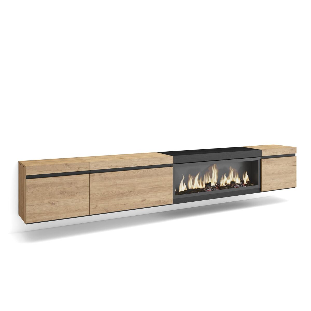 Móvel de tv, muito espaço de arrumação, 288x35x45cm, tv de grande formato, lareira électrique xxl, suspensos, estilo moderno, carvalho e noir