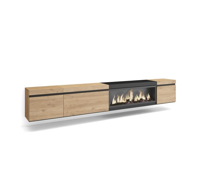 Móvel de tv, muito espaço de arrumação, 288x35x45cm, tv de grande formato, lareira électrique xxl, suspensos, estilo moderno, carvalho e noir