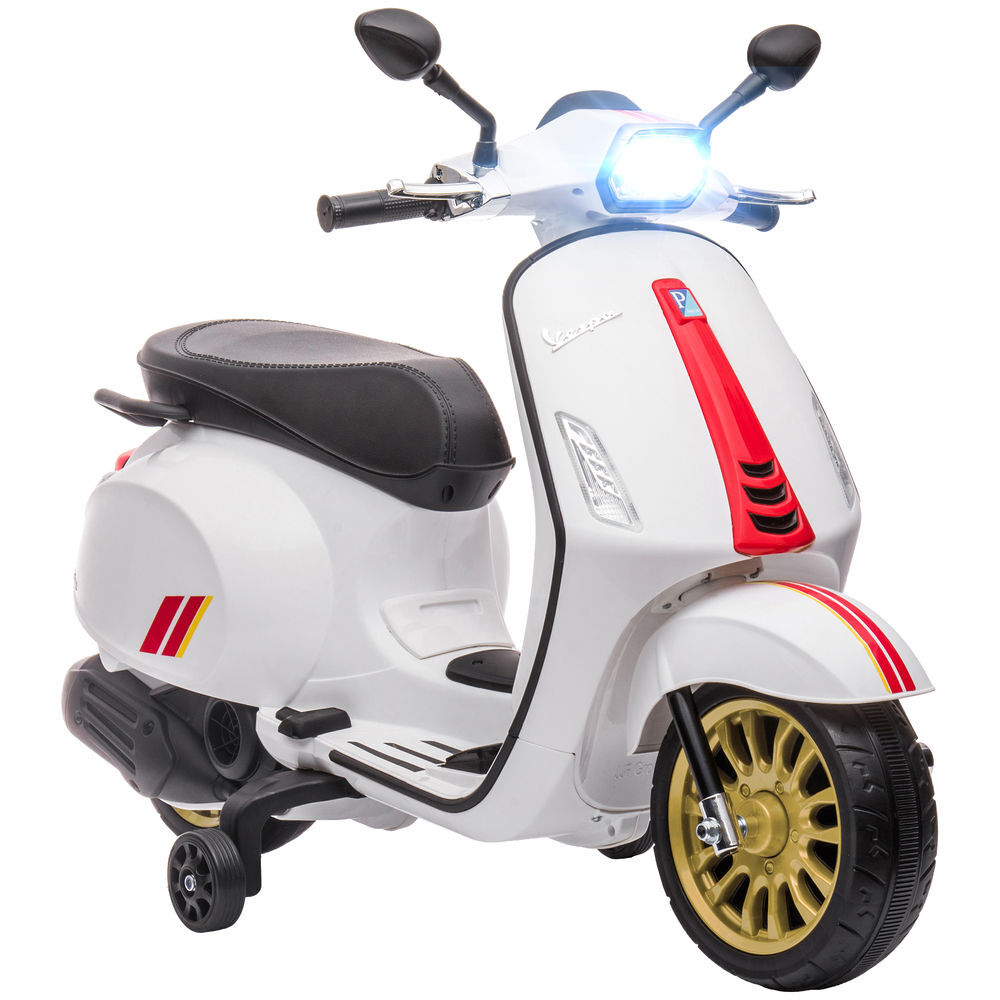 Aiyaplay moto elétrica para crianças de 3-6 anos com licença vespa motocicleta de bateria 6v com usb mp3 luz led rádio fm moto para crianças com velocidade 3 km/h carga 35 kg branco
