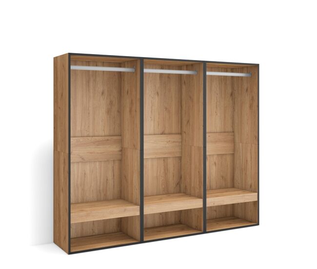 Roupeiro aberto, guarda-roupa,armário aberto, 180x35x145cm, para quarto, dormitório, barra e prateleira, estilo moderno, carvalho