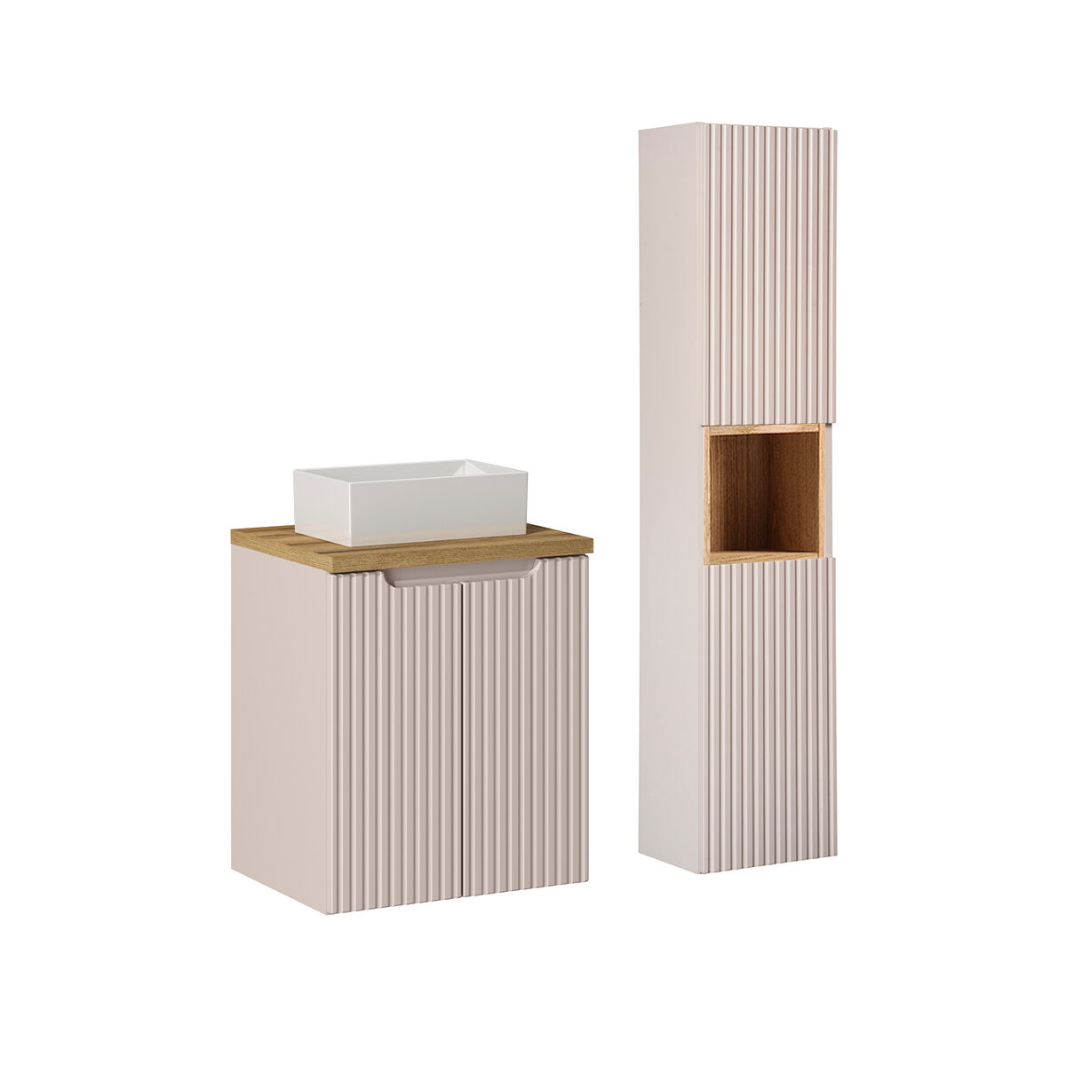 Conjunto móvel simples lavatório 50cm 2 portas e enceinte riva caxemira e madeira