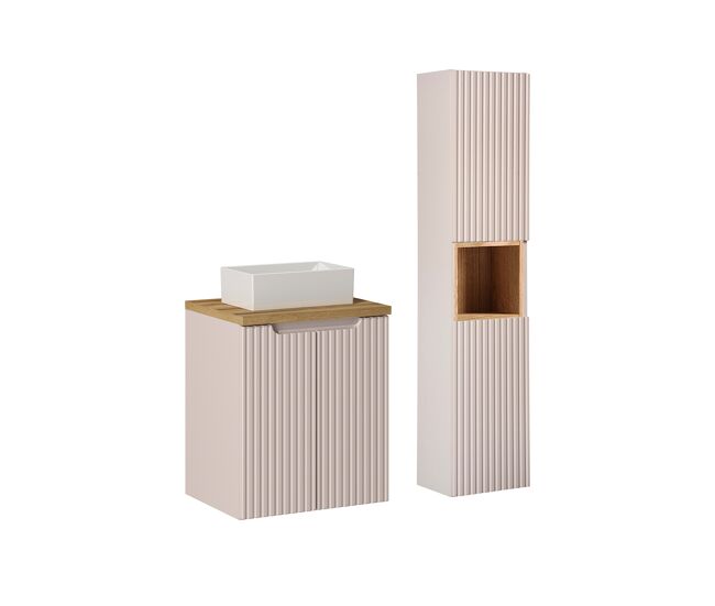Conjunto móvel simples lavatório 50cm 2 portas e enceinte riva caxemira e madeira