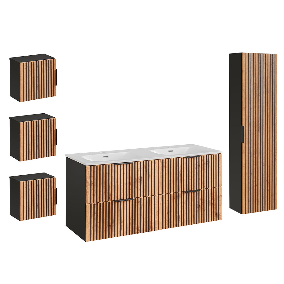 Conjunto de lavatório duplo encastrável 3 armários murais Gaia