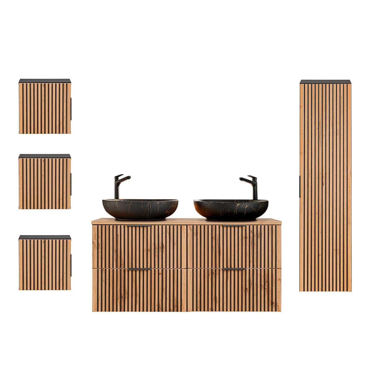 Conjunto móvel lavatório duplo 120cm coluna e 3 armários murais gaia madeira e preto lavatório preto