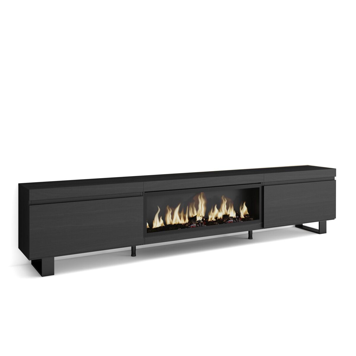 Móvel de tv, muito espaço de arrumação, 267x35x57cm, tv de grande formato, lareira eléctrica xxl, design industrial, estilo moderno, preto
