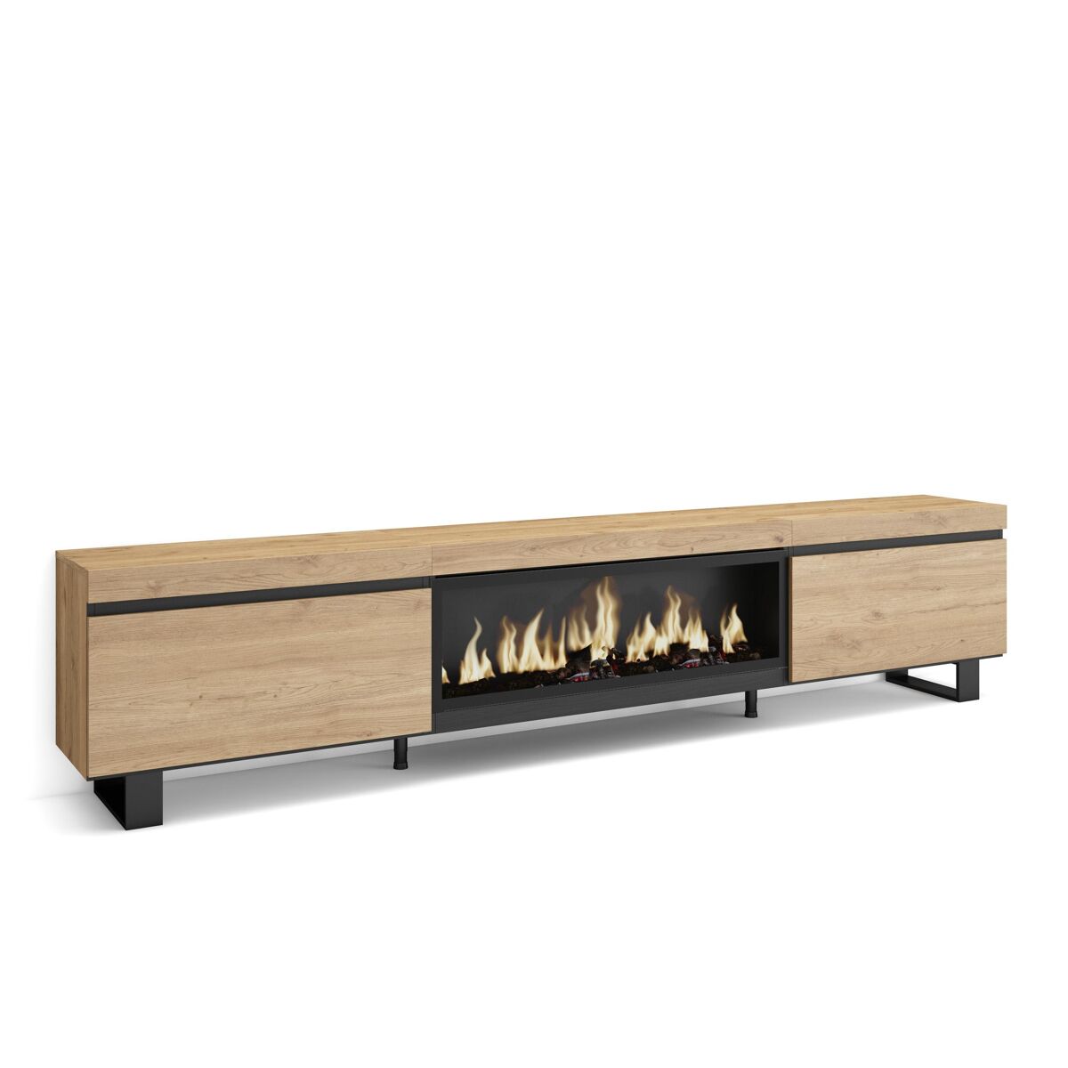 Móvel de tv, muito espaço de arrumação, 267x35x57cm, tv de grande formato, lareira eléctrica xxl, design industrial, estilo moderno, carvalho
