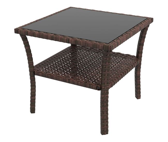 Outsunny mesa de vime quadrada 50x50x45 cm mesa de jardim e prateleira tampo de vidro e estrutura de aço suporta 30 kg para terraço pátio castanho