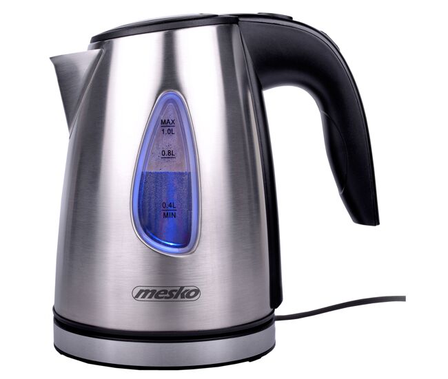 Mesko ms1351 jarro eléctrico 1,0 l, chaleira eléctrica, aço inoxidável sem bpa, sem fios, 1630, prata