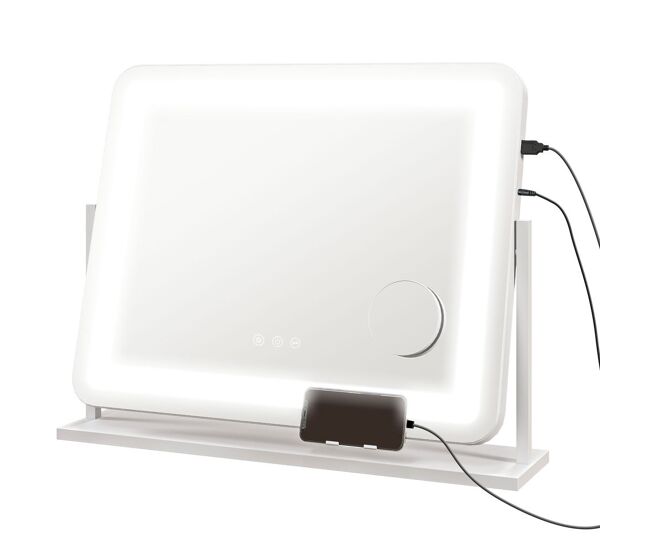 Homcom espelho de maquilhagem com luzes espelho de toucador giratório 58x46 cm com 3 modos de iluminação interruptor tátil espelho de maquilhagem com suporte para téléphone e entrada usb blanc