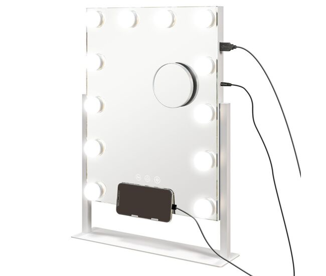 Homcom espelho de maquilhagem estilo hollywood com luzes espelho de toucador giratório 30x40 cm com 12 lâmpadas led 3 modos de iluminação ajustáveis