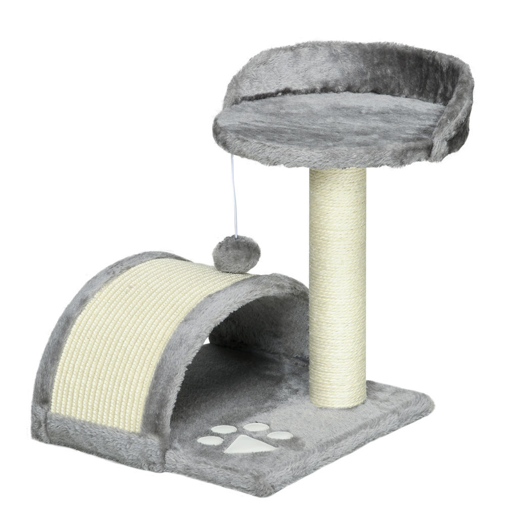 Pawhut arranhador para gatos pequena altura 46 cm de 2 níveis com poste e tapete de arranhar cama e bola suspensa 35,5x37x46 cm cinza
