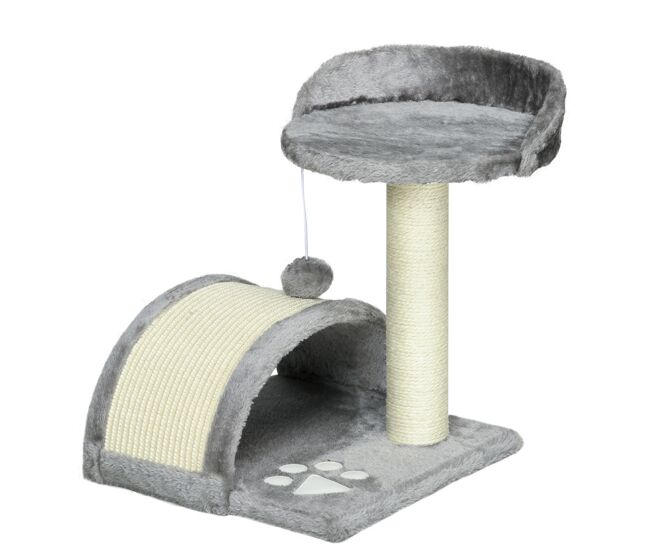 Pawhut arranhador para gatos pequena altura 46 cm de 2 níveis com poste e tapete de arranhar cama e bola suspensa 35,5x37x46 cm cinza
