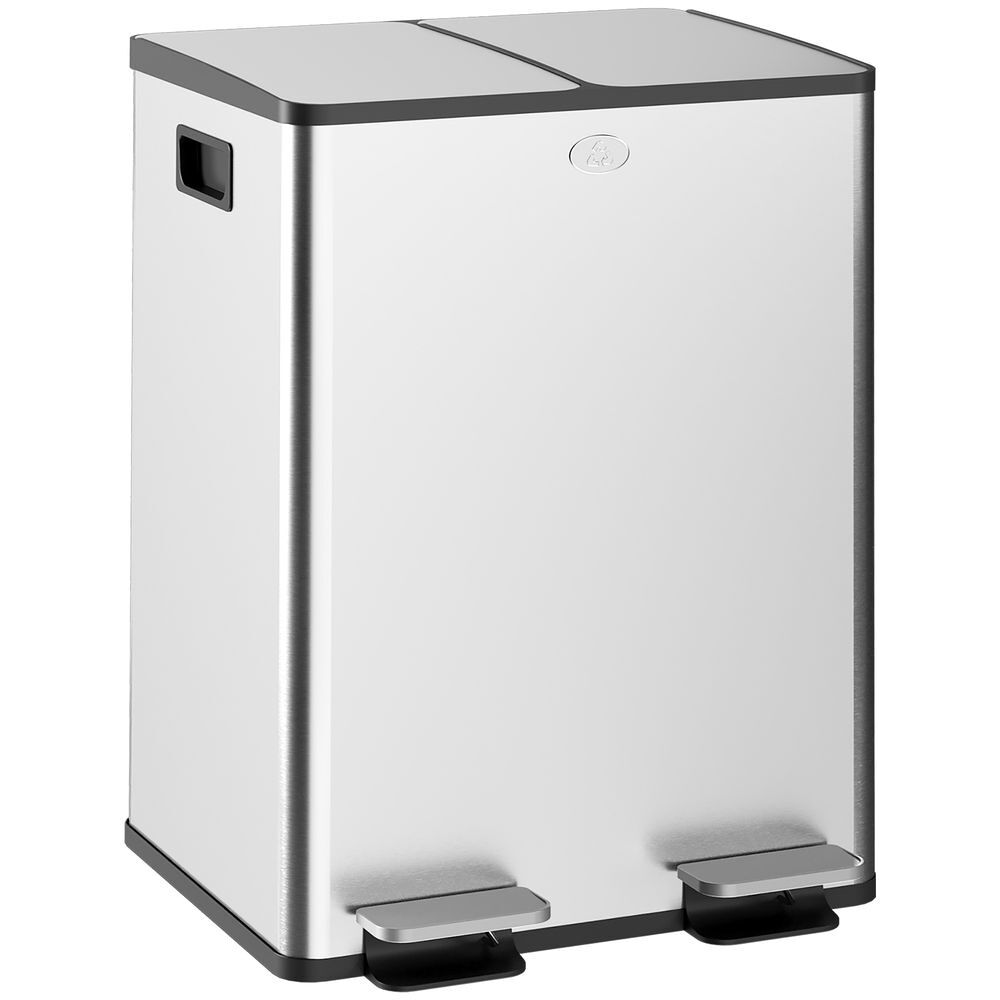 Homcom balde de lixo de cozinha com 2 compartimentos 2x20l cubo de lixo de aço inoxidável com pedal tampa de fechamento suave e cubo amovível para