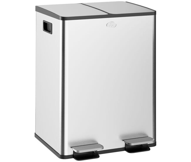Homcom balde de lixo de cozinha com 2 compartimentos 2x20l cubo de lixo de aço inoxidável com pedal tampa de fechamento suave e cubo amovível para