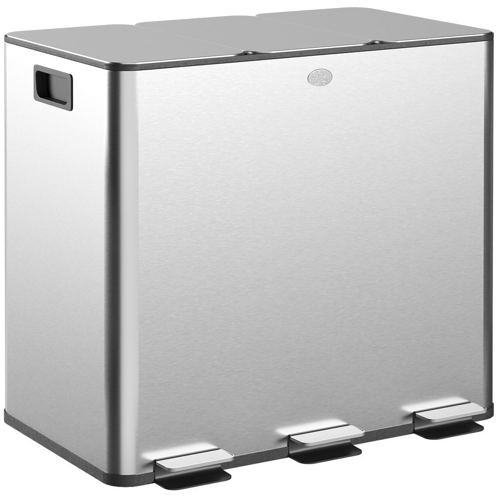 Homcom balde de lixo de cozinha com 3 compartimentos 3x15l cubo de lixo de aço inoxidável com pedais tampas com fechamento suave e cubo amovível para