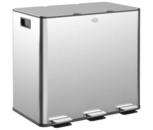 Homcom balde de lixo de cozinha com 3 compartimentos 3x15l cubo de lixo de aço inoxidável com pedais tampas com fechamento suave e cubo amovível para