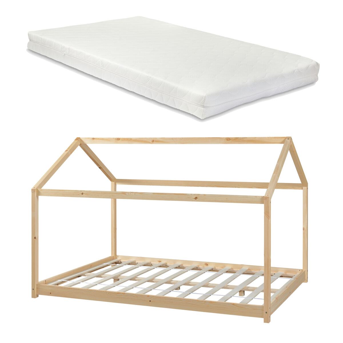 Cama de criança cerro em forma de casa com colchão de pinho 140x200cm - natural [en.casa]