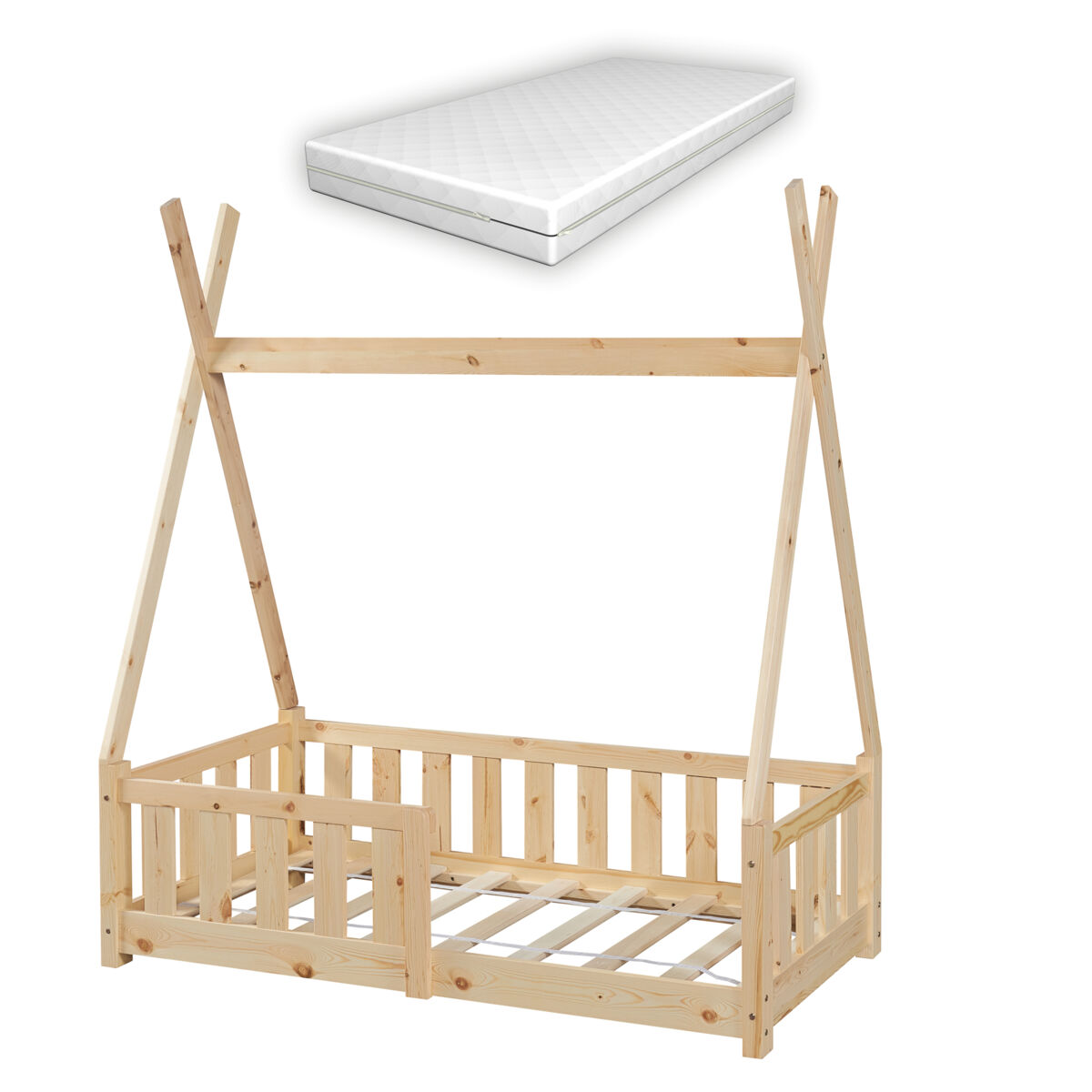 Cama de criança tipi helsingborg com grelha de segurança e colchão de pinho 140x70cm - natural [en.casa]