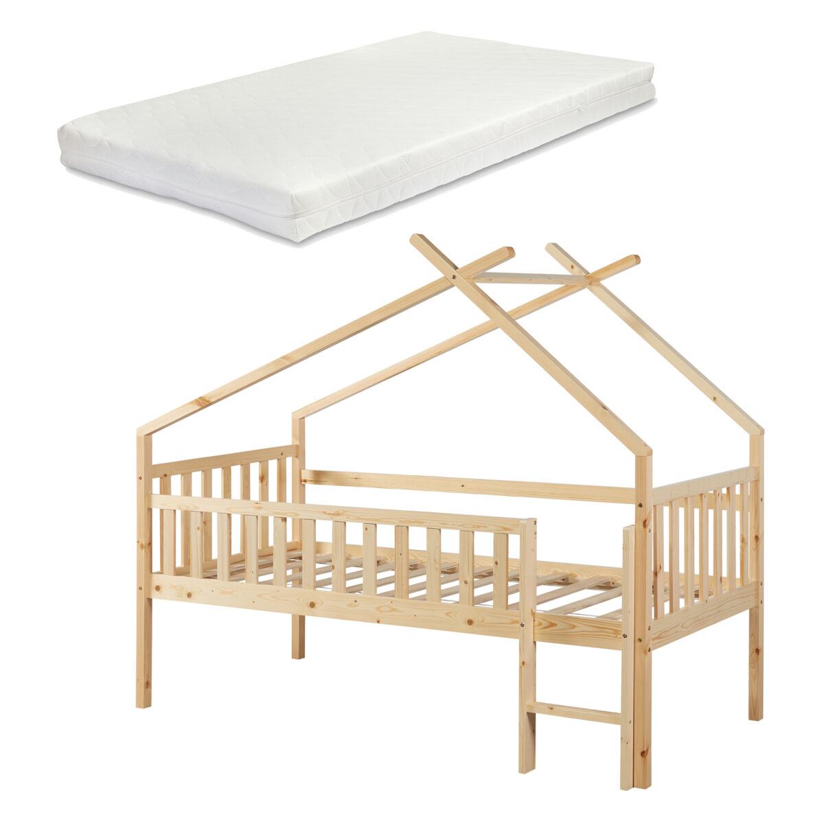 Cama alta de cabina sotkamo para crianças colchão em pinho 90x200 - natural [en.casa]