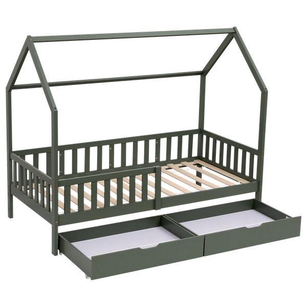 Cama cabaña verde con cajones para enfants marceau 190x90cm