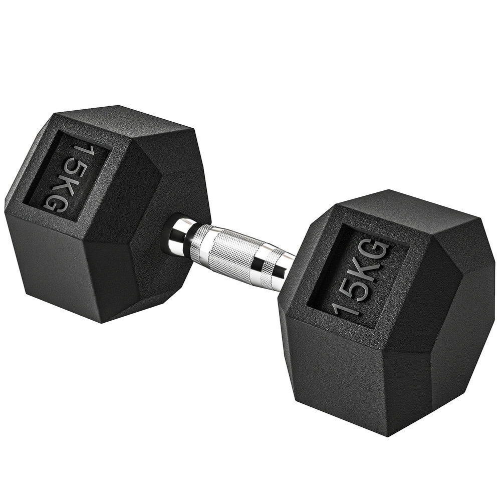 Homcom halter hexagonal, 15 kg, em ferro fundido, revestido a borracha, barra de ligação para treino em casa, ginásio e escritório, preto e prata