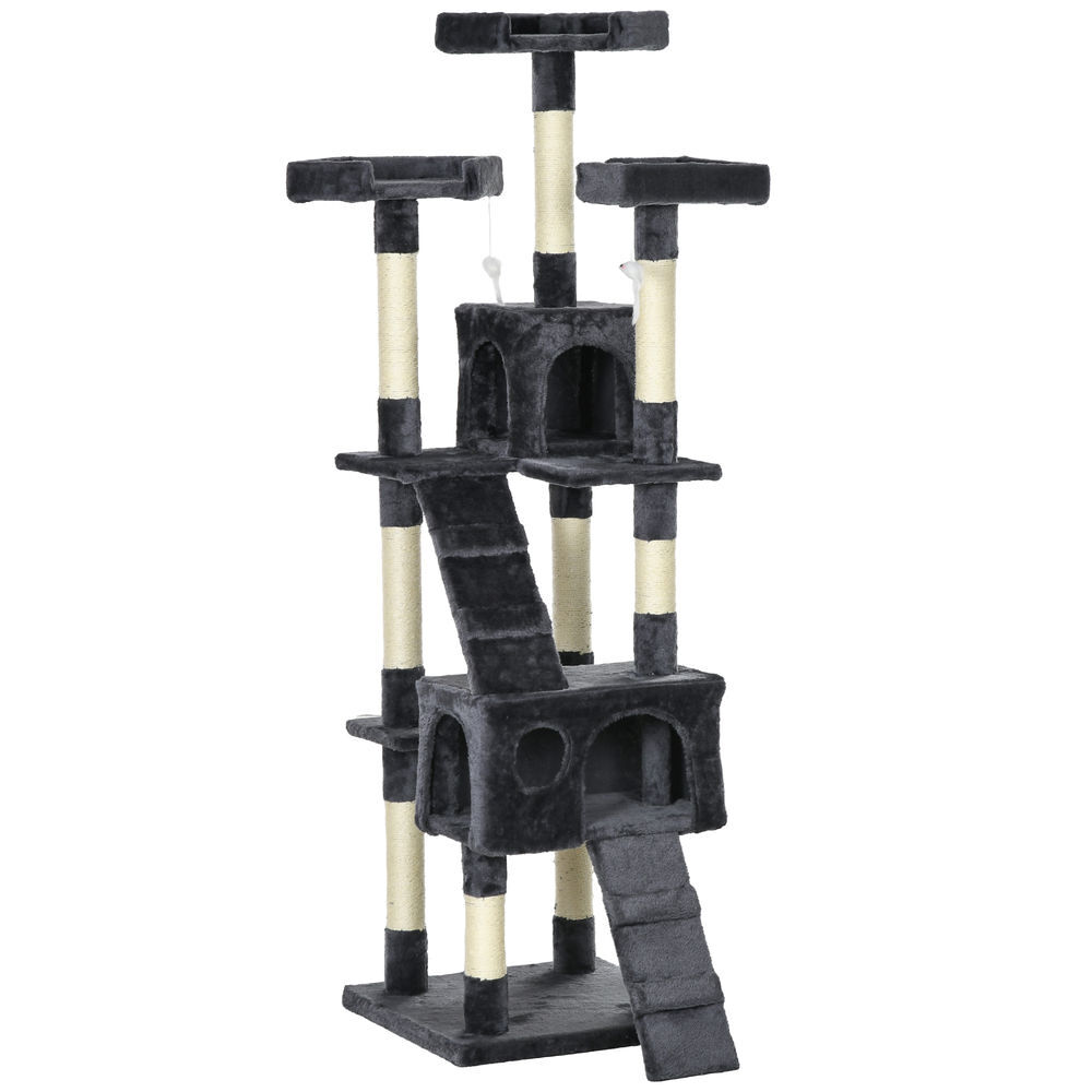 Pawhut arranhador para gatos grande 49x49x173 cm com múltiplos níveis cavernas brinquedos suspensos centro de atividades de sisal cinza escuro