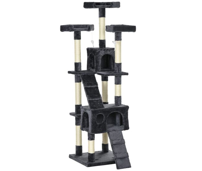Pawhut arranhador para gatos grande 49x49x173 cm com múltiplos níveis cavernas brinquedos suspensos centro de atividades de sisal cinza escuro