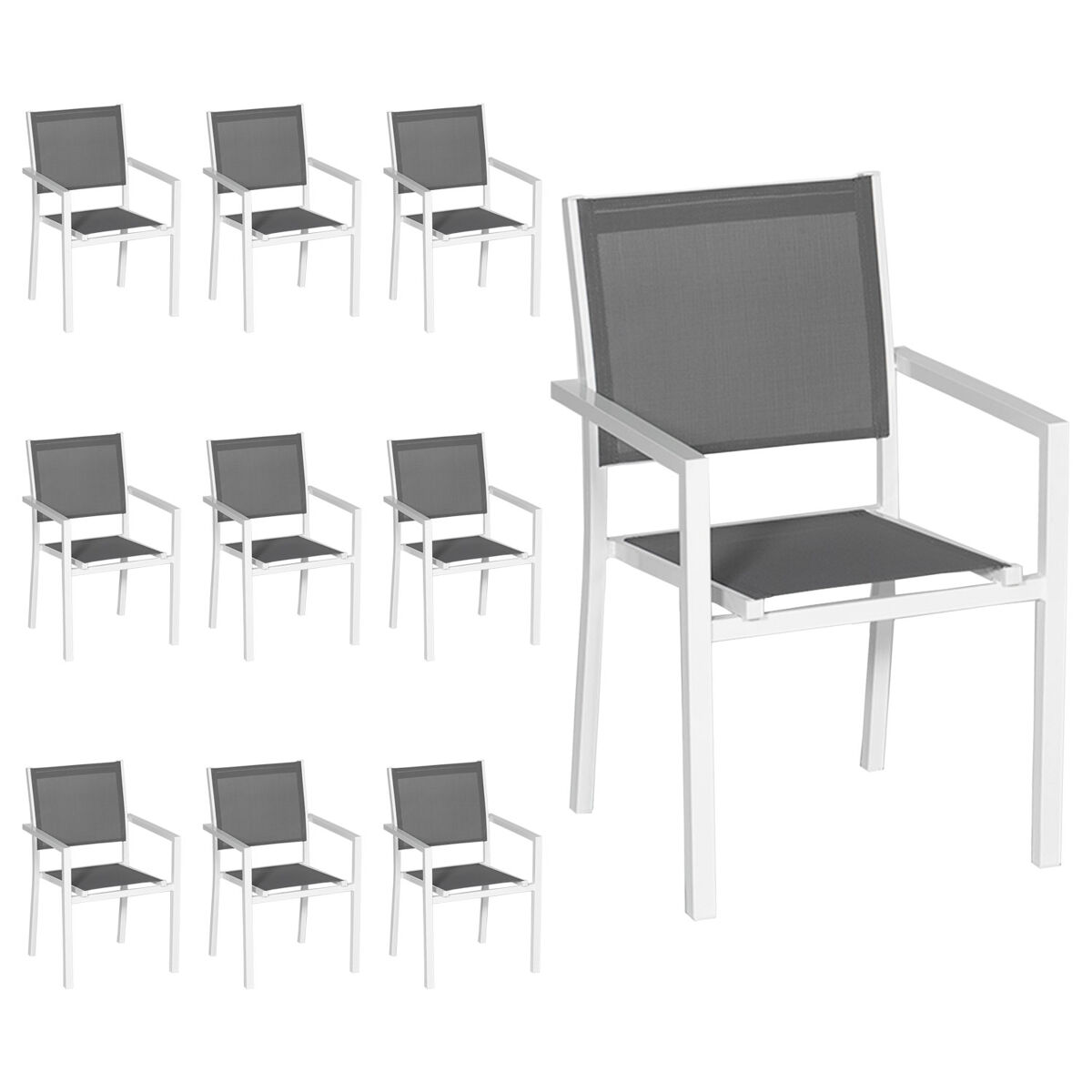 Conjunto de 10 cadeiras de alumínio blanc - textileno gris