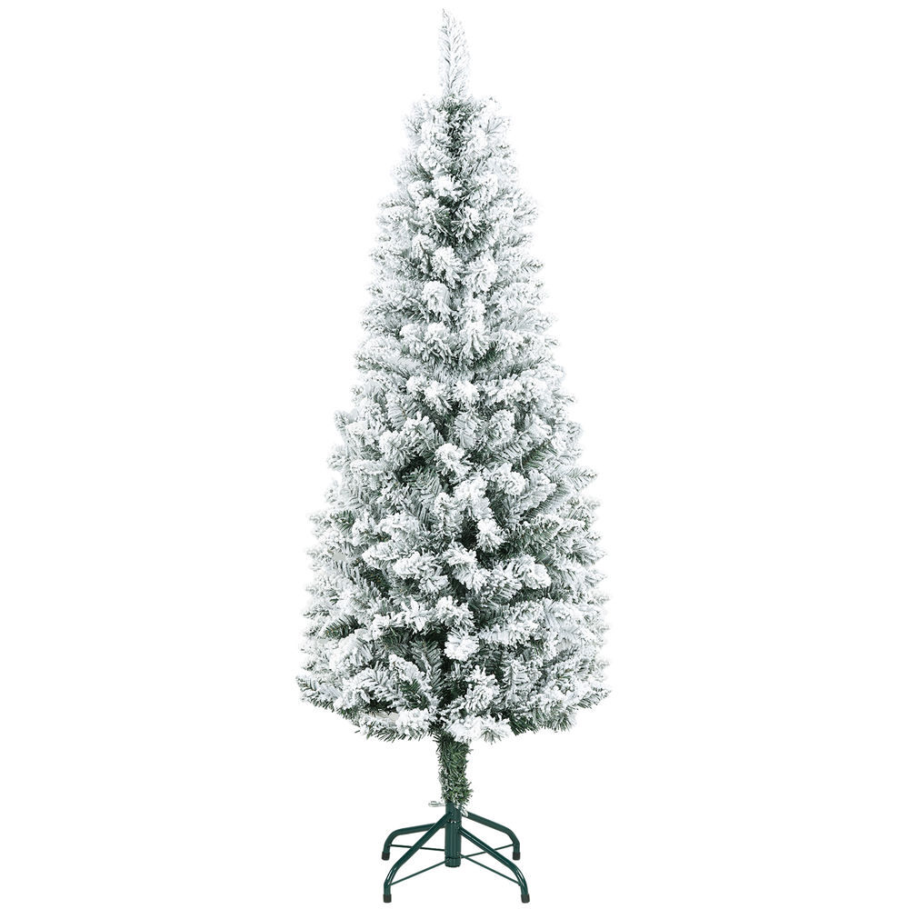 Homcom árvore de natal 150 cm árvore de natal artificial coberta de neve com 317 ramo e suporte de metal árvore natalícia para sala interior verde