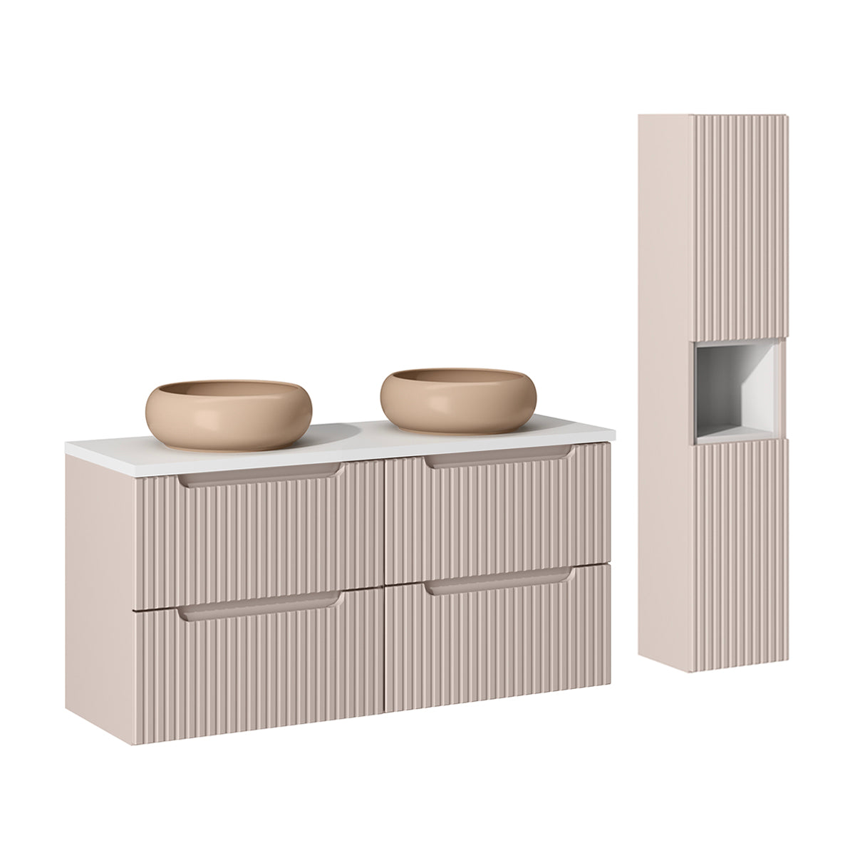 Conjunto lavatório duplo 120cm 4 gavetas coluna riva cashmere branco