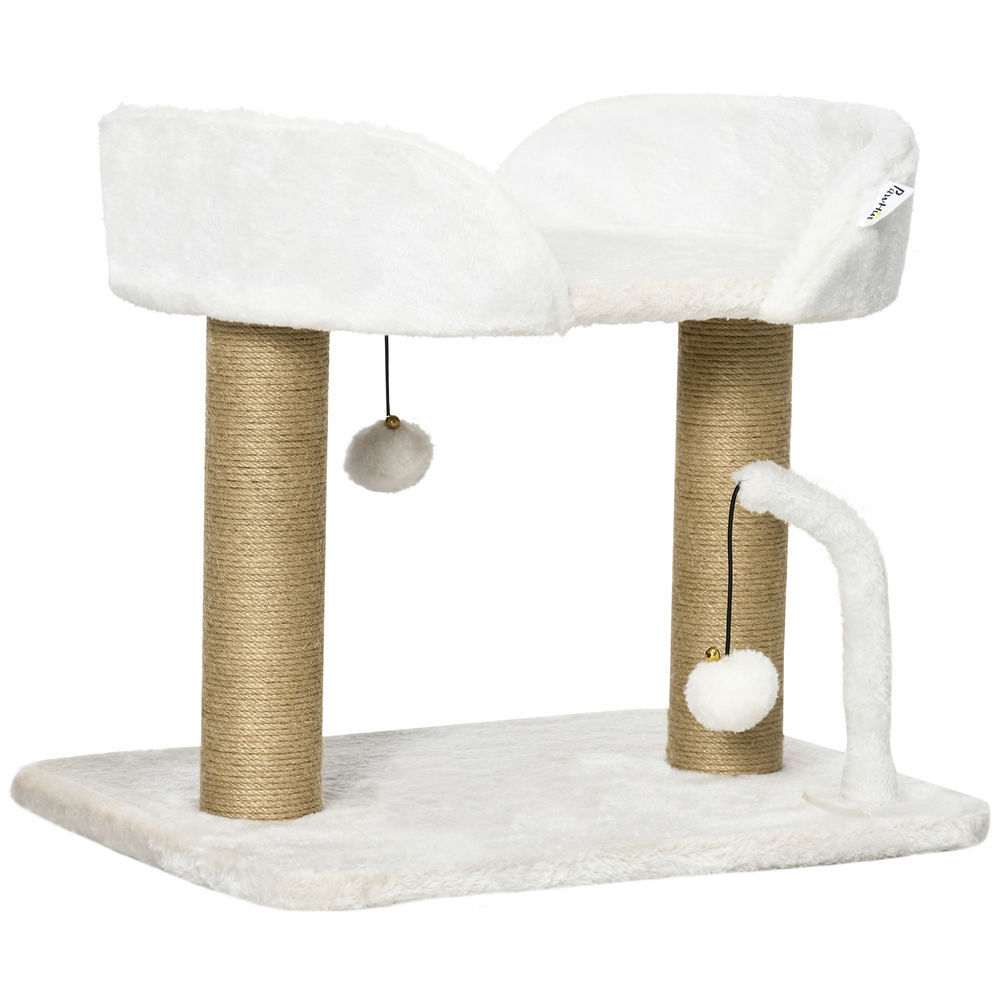 Pawhut arranhador para gatos pequenos altura 42 cm arranhador para gatos com cama bolas supensas e postes de juta 48x38x42 cm branco