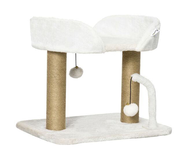 Pawhut arranhador para gatos pequenos altura 42 cm arranhador para gatos com cama bolas supensas e postes de juta 48x38x42 cm branco