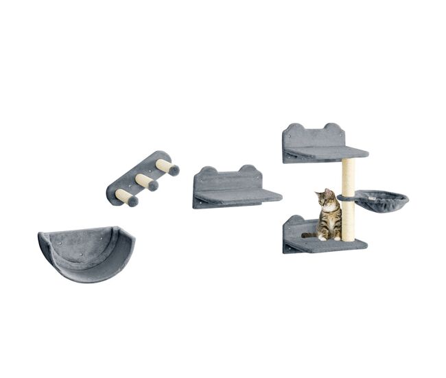 Pawhut prateleiras de escalada para gatos de parede conjunto de prateleiras para gatos 4 peças com rede plataforma semicircular plataformas de salto e