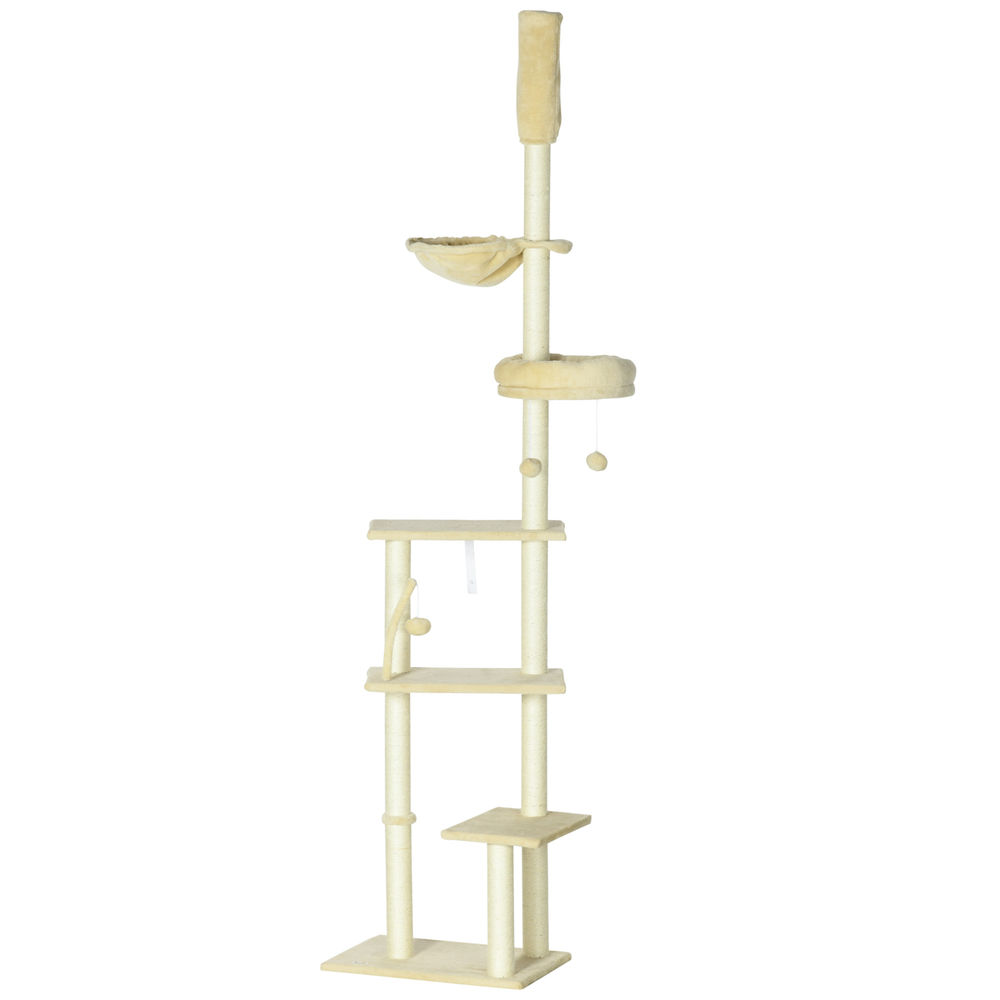 Pawhut arranhador para gatos do solo ao teto de 230-250 cm arranhador para gatos com altura ajustável múltiplas plataformas rede bolas suspensas bege