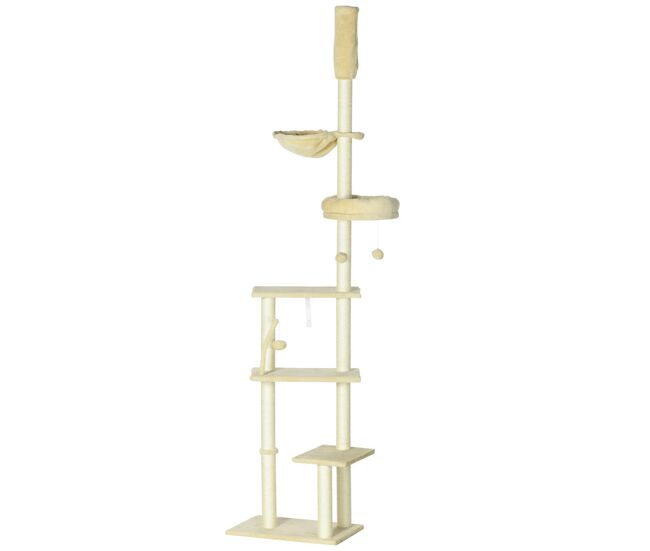Pawhut arranhador para gatos do solo ao teto de 230-250 cm arranhador para gatos com altura ajustável múltiplas plataformas rede bolas suspensas bege