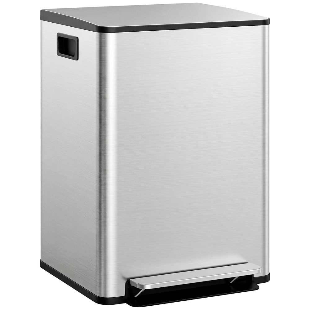 Homcom balde de lixo de cozinha com 2 compartimentos 2x30l cubo de lixo de aço inoxidável com pedal fechamento suave e cubo amovível para escritório