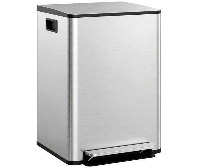 Homcom balde de lixo de cozinha com 2 compartimentos 2x30l cubo de lixo de aço inoxidável com pedal fechamento suave e cubo amovível para escritório