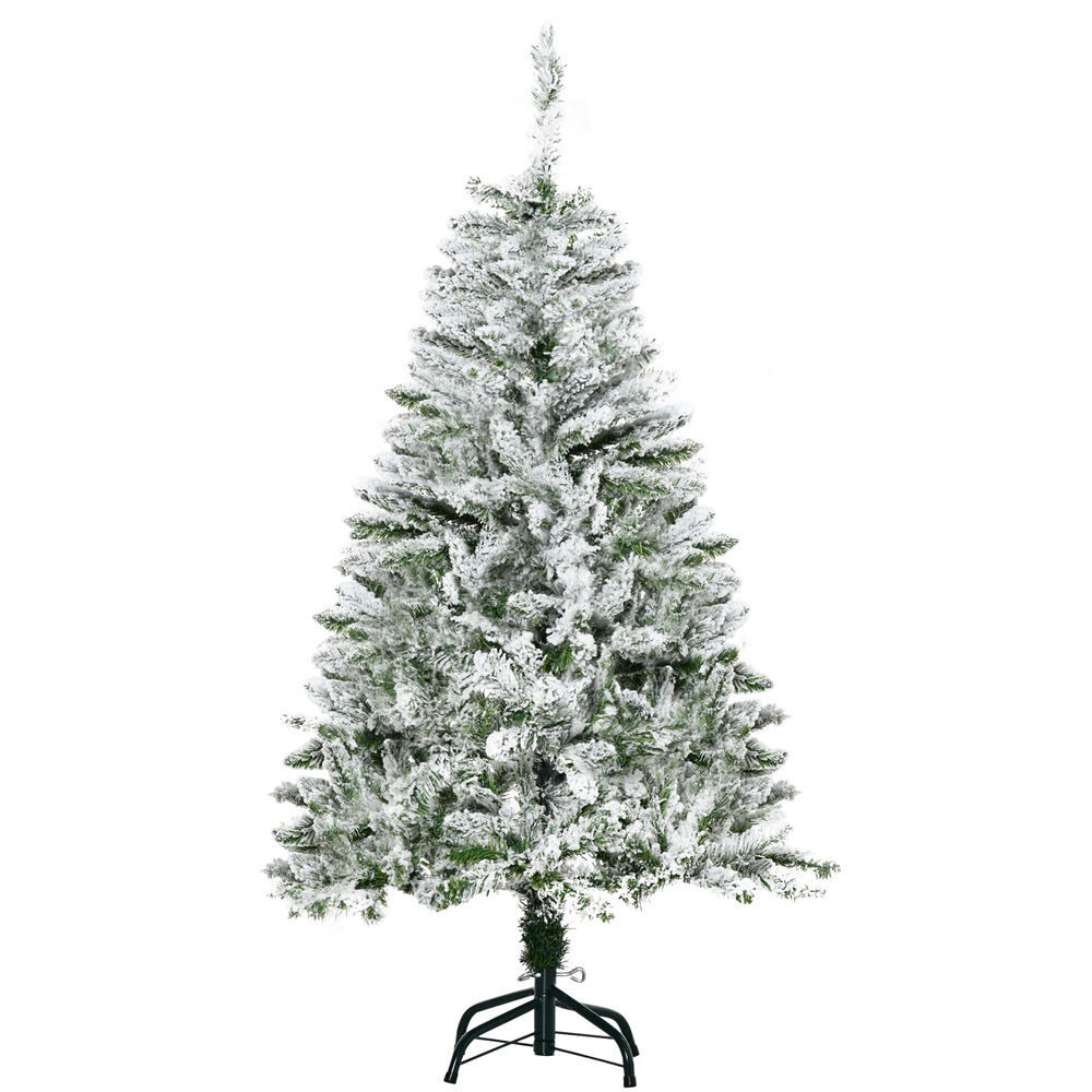 Homcom árvore de natal artificial 120cm com neve ignífugo com 200 ramos folhas de pvc base dobrável e suporte metálico decoração de natal para interiores verde