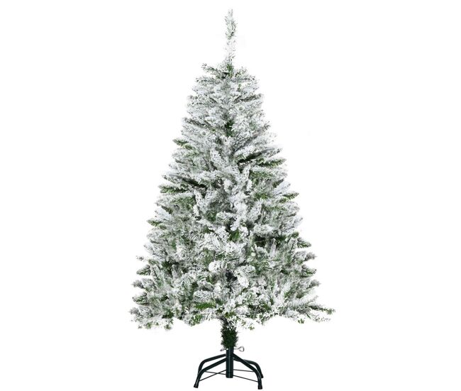 Homcom árvore de natal artificial 120cm com neve ignífugo com 200 ramos folhas de pvc base dobrável e suporte metálico decoração de natal para interiores verde