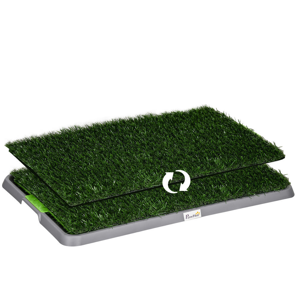 Pawhut resguardo de treino para cães com 2 relvas artificiais sanitário para cães com grade e bandeja para treino de filhotes no exterior e interior 67x41x3,5 cm verde