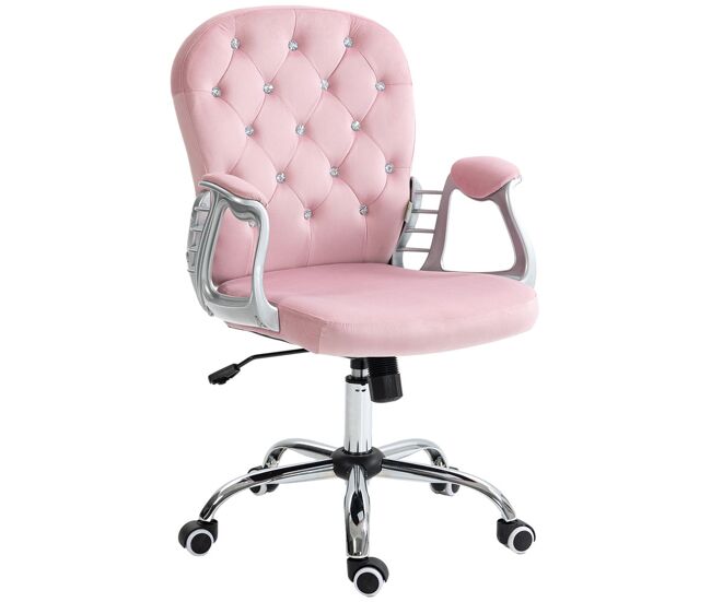 Vinsetto cadeira de escritório estofada em veludo cadeira giratória com altura ajustável apoio para os braços e decorações de cristal carga 120 kg cadeira para estudio dormitório rosa