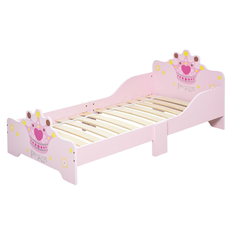 Homcom cama de enfant +3 anos 143x73x60 cm cama de enfant em madeira com estampado de coroa carga 50 kg para quarto rosa