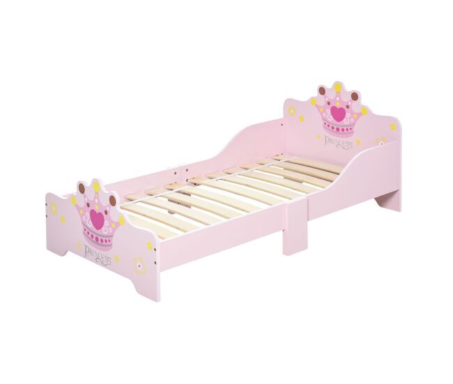 Homcom cama de enfant +3 anos 143x73x60 cm cama de enfant em madeira com estampado de coroa carga 50 kg para quarto rosa