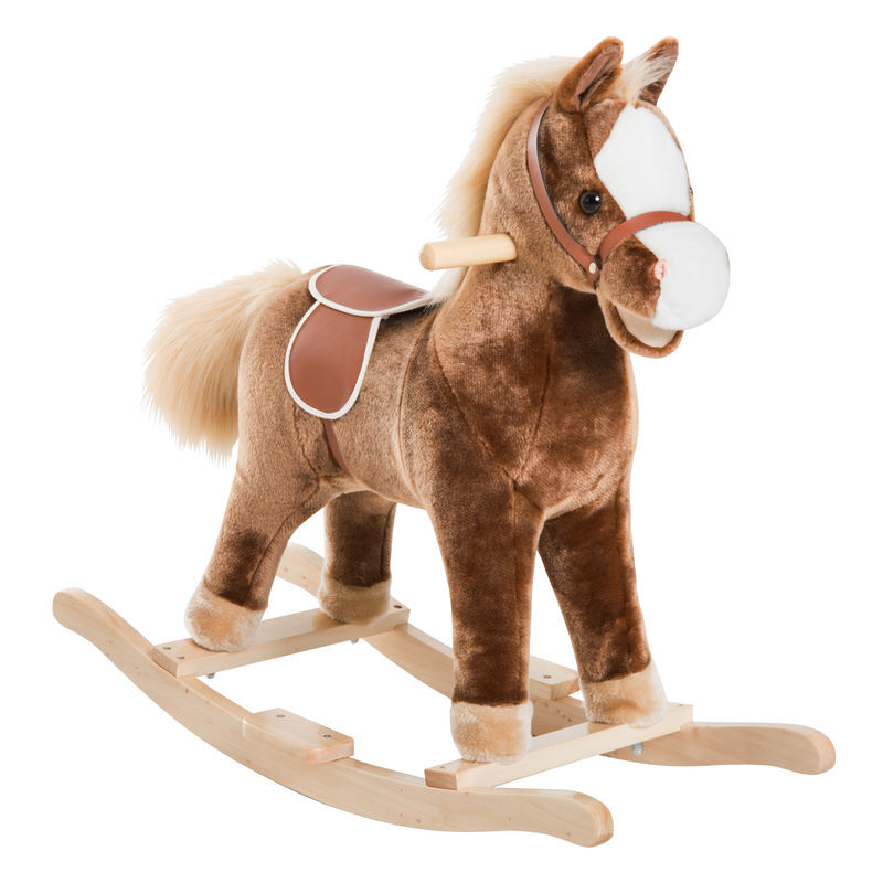 Homcom cavalo de baloiço para criança +3 anos cavalo de brinquedo com alças estrutura em metal e base em madeira carga 40 kg 74x33x62 cm castanho