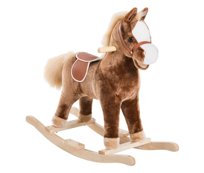 Homcom cavalo de baloiço para criança +3 anos cavalo de brinquedo com alças estrutura em metal e base em madeira carga 40 kg 74x33x62 cm castanho