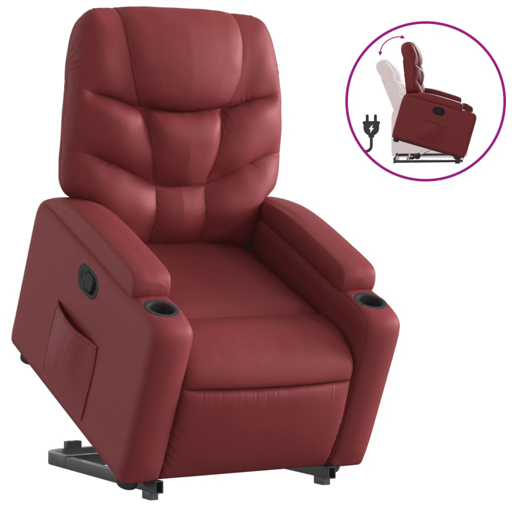 Vidaxl poltrona reclinável elevatória couro artificial vermelho tinto