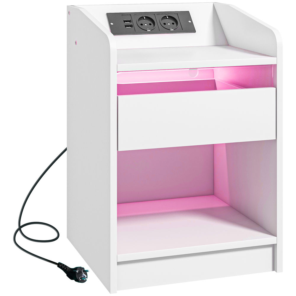 Homcom mesa de cabeceira com luzes led mesa de cabeceira com gaveta étagère estação de carregamento entrada usb e controlo remoto 40x40x58 cm blanc