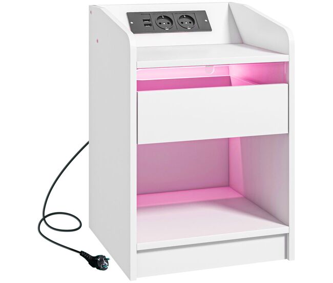 Homcom mesa de cabeceira com luzes led mesa de cabeceira com gaveta étagère estação de carregamento entrada usb e controlo remoto 40x40x58 cm blanc