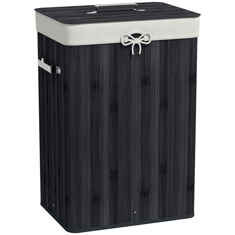 Homcom cesto de roupa suja dobrável com tampa 67l, cesto de roupa suja de bambu, 2 compartimentos, saco removível, para quarto, casa de banho, lavandaria, 40x30x60 cm, preto