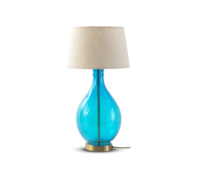 Candeeiro de mesa de vidro azul com abajur de algodão branco